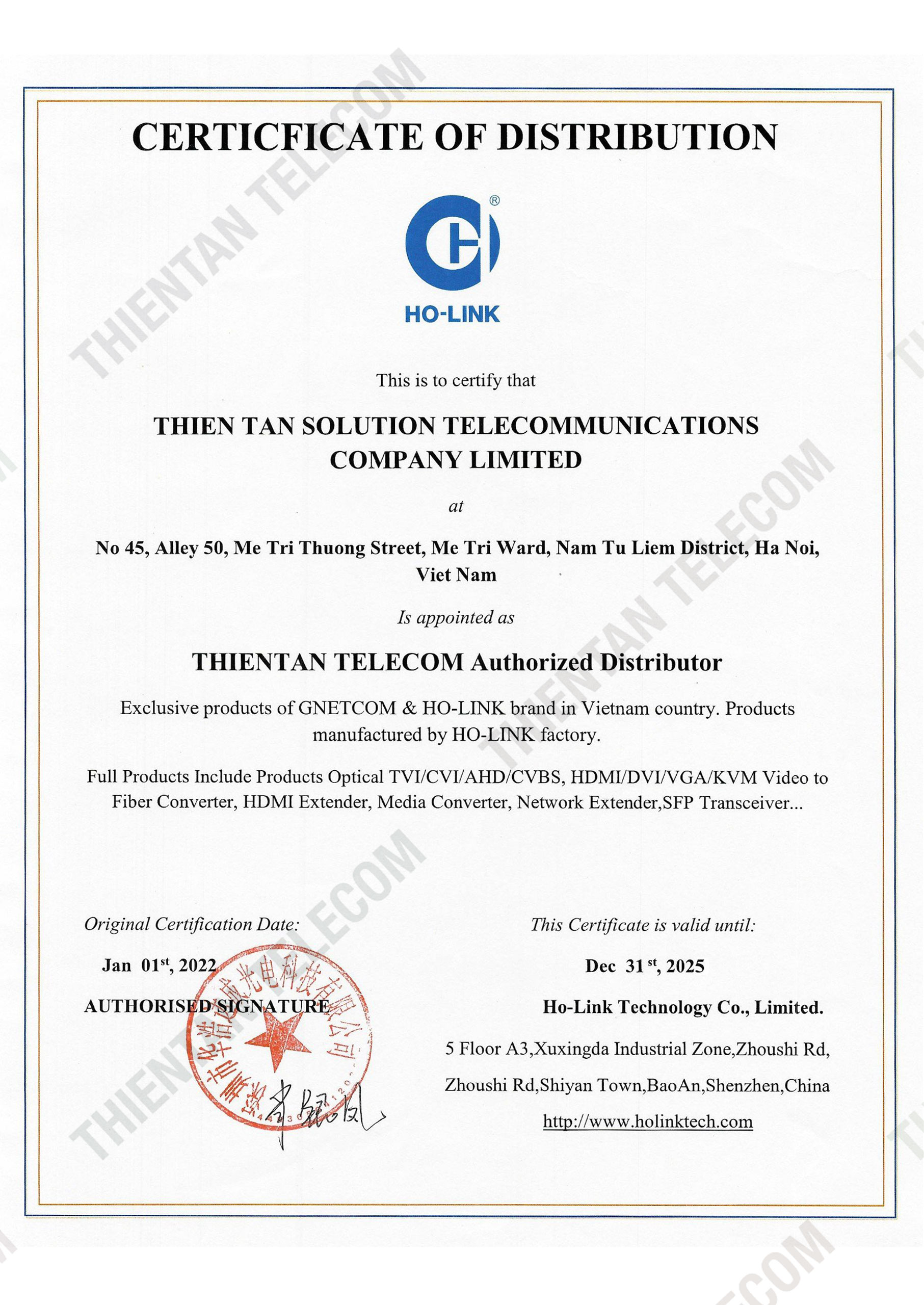 Chứng nhận ủy quyền HO-LINK I Gnetcom tại việt Nam