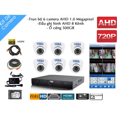 Trọn bộ 6 Camera AHD Vega - Đầu ghi hình AHD 8 Kênh.