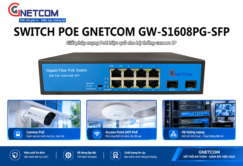Switch PoE GNETCOM GW-S1608PG-SFP 8 cổng PoE 2 SFP Switch PoE GNETCOM GW-S1608PG-SFP 8 cổng PoE 2 SFP