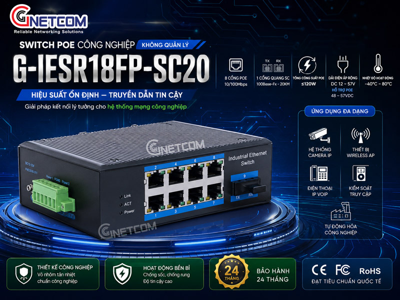 switch công nghiệp 8 cổng PoE 1 cổng quang G-IESR18FP-SC20 switch công nghiệp 8 cổng PoE 1 cổng quang G-IESR18FP-SC20