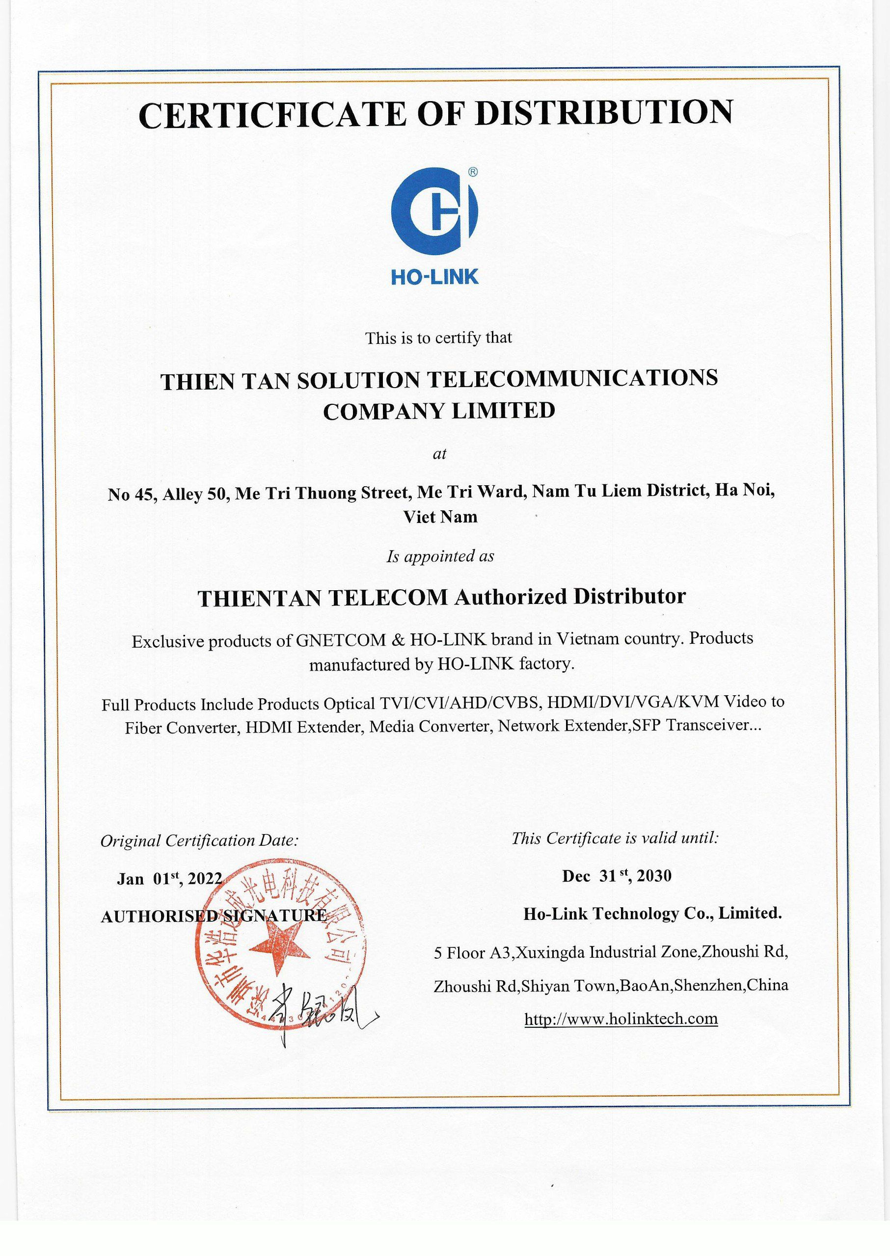 Chứng nhận ủy quyền HO-LINK I Gnetcom tại việt Nam