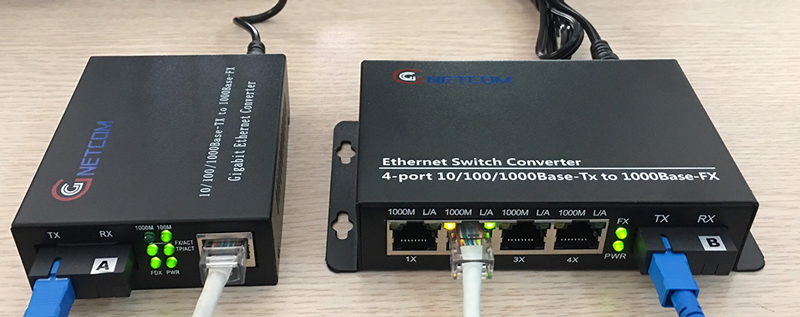 Bộ chuyển đổi quang điện 1 ra 4 cổng lan tốc độ 10/100/1000Mbps thương hiệu GnetcomGNC-2114S-20B/GNC-1111S-20A